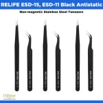 RELIFE ESD-15, ESD-11 Black Antistatic Non-magnetic Stainless Steel Tweezers