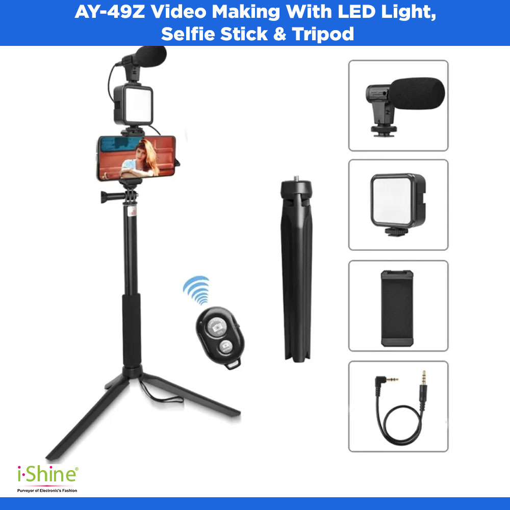 AY-49Z Video Making With LED Light, Selfie Stick &amp; Tripod