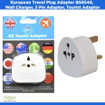 European Travel Plug Adapter BS8546, Wall Charger, 3 Pin Adaptor, Tourist Adaptor