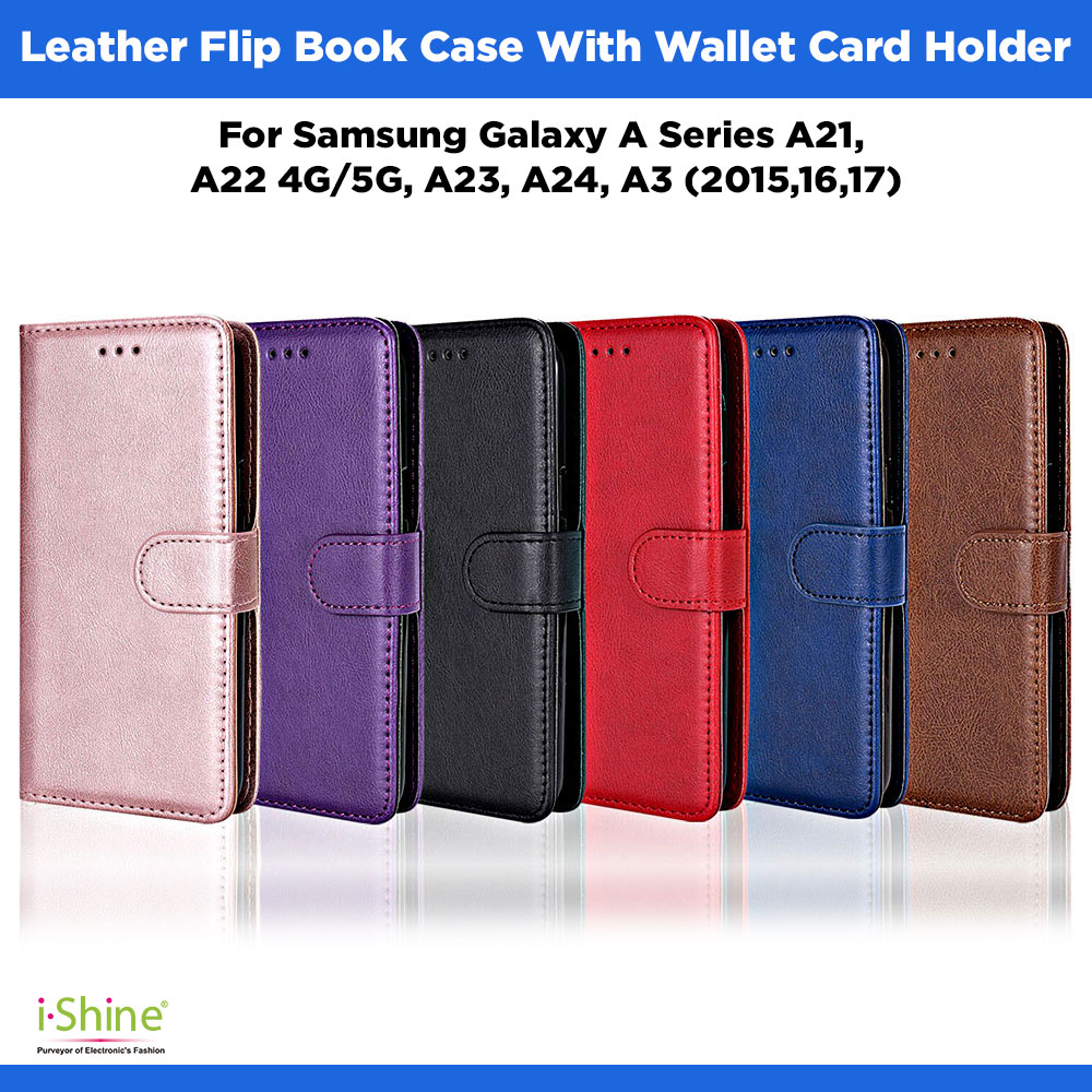 Leather Flip Book Case With Wallet Card Holder For Samsung Galaxy A Series A21, A22 4G/5G, A23, A24, A3 (2015,16,17)